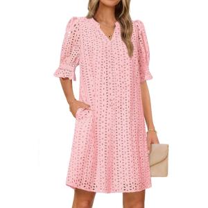 MEROKEETY Women’s 2026 Summer Short Sleeve Mini Dress V Neck Ruffle Hollow Out Eyelet Lace Dresses(Pink)