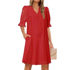 MEROKEETY Women’s 2026 Summer Short Sleeve Mini Dress V Neck Ruffle Hollow Out Eyelet Lace Dresses(Red)
