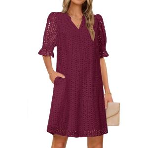 MEROKEETY Women’s 2026 Summer Short Sleeve Mini Dress V Neck Ruffle Hollow Out Eyelet Lace Dresses(Wine)