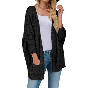 MEROKEETY Women’s 2026 Winter Fuzzy Popcorn Batwing Sleeve Cardigan Knit Oversized Sherpa Sweater Coat(Black)
