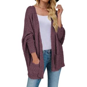 MEROKEETY Women’s 2026 Winter Fuzzy Popcorn Batwing Sleeve Cardigan Knit Oversized Sherpa Sweater Coat(Maroon)