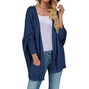 MEROKEETY Women’s 2026 Winter Fuzzy Popcorn Batwing Sleeve Cardigan Knit Oversized Sherpa Sweater Coat(Navy)