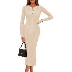 MEROKEETY Women’s Bodycon Sweater Dress 2025 Fall Winter Long Sleeve Button Crew Neck Ribbed Knit Midi Work Dresses(Apricot)