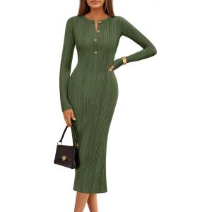 MEROKEETY Women’s Bodycon Sweater Dress 2025 Fall Winter Long Sleeve Button Crew Neck Ribbed Knit Midi Work Dresses(Armygreen)