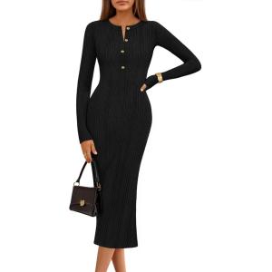 MEROKEETY Women’s Bodycon Sweater Dress 2025 Fall Winter Long Sleeve Button Crew Neck Ribbed Knit Midi Work Dresses(Black)