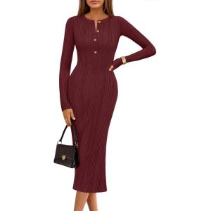 MEROKEETY Women’s Bodycon Sweater Dress 2025 Fall Winter Long Sleeve Button Crew Neck Ribbed Knit Midi Work Dresses(Winered)