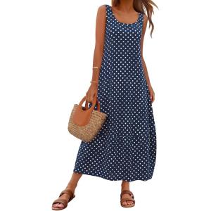 MEROKEETY Women’s Boho Maxi Sundress 2026 Summer Beach Dress Scoop Neck Sleeveless Loose Tank Dress(Navydot)
