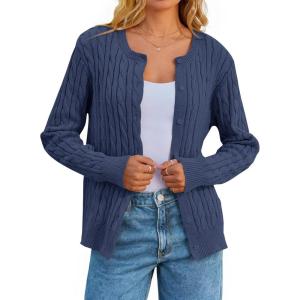 MEROKEETY Women’s Cable Knit Open Front Cardigan Sweaters Fall Long Sleeve Button Down Soft Outwear(Navy)