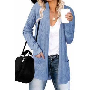 MEROKEETY Women’s Casual Long Sleeve Open Front Cable Knit Cardigans Lightweight Solid Color with Pockets(Blue)