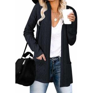 MEROKEETY Women’s Casual Long Sleeve Open Front Cable Knit Cardigans Lightweight Solid Color with Pockets(Navy)