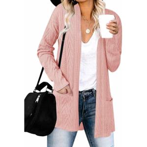 MEROKEETY Women’s Casual Long Sleeve Open Front Cable Knit Cardigans Lightweight Solid Color with Pockets(Pink)