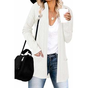 MEROKEETY Women’s Casual Long Sleeve Open Front Cable Knit Cardigans Lightweight Solid Color with Pockets(White)