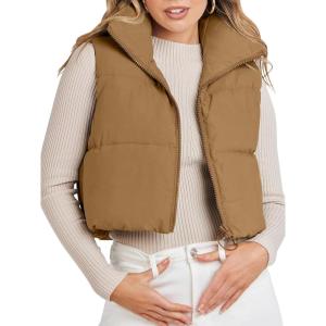 MEROKEETY Women’s Crop Puffer Vest Lightweight Stand Collar Sleeveless Zip Up Padded Gilet Coat(Khaki)