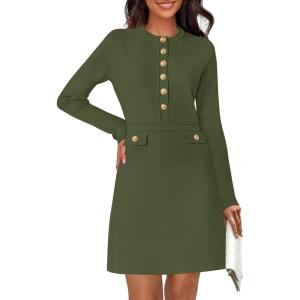 MEROKEETY Women’s Fall 2026 Long Sleeve Bodycon Sweater Dress Button Crew Neck Winter Formal Mini Dresses(Army Green)