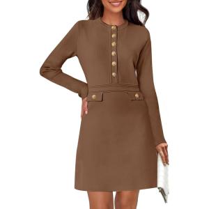 MEROKEETY Women’s Fall 2026 Long Sleeve Bodycon Sweater Dress Button Crew Neck Winter Formal Mini Dresses(Coffee)