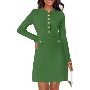 MEROKEETY Women’s Fall 2026 Long Sleeve Bodycon Sweater Dress Button Crew Neck Winter Formal Mini Dresses(Green)