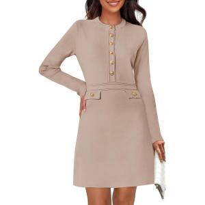 MEROKEETY Women’s Fall 2026 Long Sleeve Bodycon Sweater Dress Button Crew Neck Winter Formal Mini Dresses(Khaki)