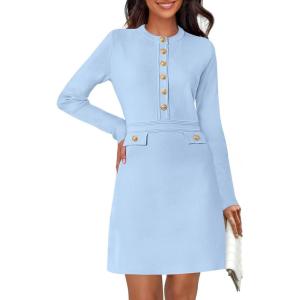 MEROKEETY Women’s Fall 2026 Long Sleeve Bodycon Sweater Dress Button Crew Neck Winter Formal Mini Dresses(Light Blue)
