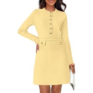 MEROKEETY Women’s Fall 2026 Long Sleeve Bodycon Sweater Dress Button Crew Neck Winter Formal Mini Dresses(Light Yellow)
