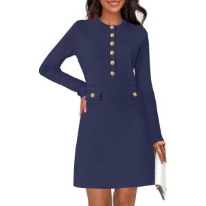 MEROKEETY Women’s Fall 2026 Long Sleeve Bodycon Sweater Dress Button Crew Neck Winter Formal Mini Dresses(Navy)