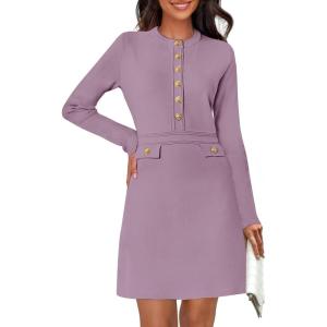 MEROKEETY Women’s Fall 2026 Long Sleeve Bodycon Sweater Dress Button Crew Neck Winter Formal Mini Dresses(Taro)