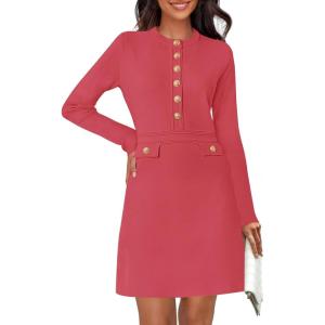 MEROKEETY Women’s Fall 2026 Long Sleeve Bodycon Sweater Dress Button Crew Neck Winter Formal Mini Dresses(Watermelon)