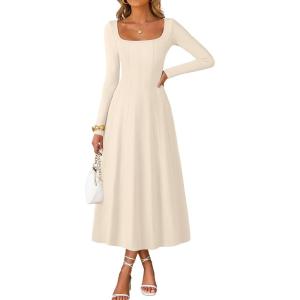 MEROKEETY Women’s Fall Dresses 2025 Long Sleeve Square Neck Elegant Classy Winter Cocktail Wedding Guest Midi Dress(Apricot)