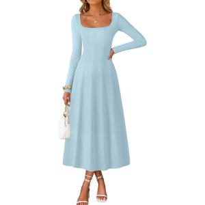 MEROKEETY Women’s Fall Dresses 2025 Long Sleeve Square Neck Elegant Classy Winter Cocktail Wedding Guest Midi Dress(Lightblue)