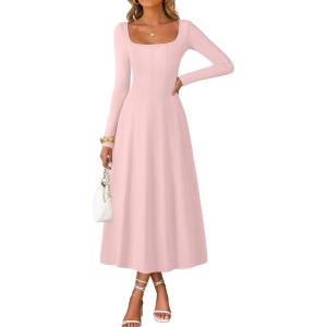 MEROKEETY Women’s Fall Dresses 2025 Long Sleeve Square Neck Elegant Classy Winter Cocktail Wedding Guest Midi Dress(Pink)