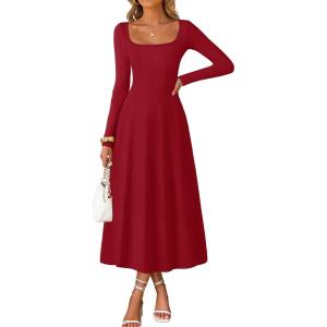 MEROKEETY Women’s Fall Dresses 2025 Long Sleeve Square Neck Elegant Classy Winter Cocktail Wedding Guest Midi Dress(Winered)