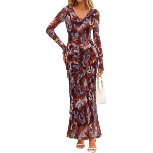 MEROKEETY Women’s Fall Floral Long Sleeve Maxi Dress 2026 Cowl Neck Wedding Guest Ruffle Mesh Cocktail Bodycon Formal Dresses(Brown)