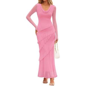 MEROKEETY Women’s Fall Floral Long Sleeve Maxi Dress 2026 Cowl Neck Wedding Guest Ruffle Mesh Cocktail Bodycon Formal Dresses(Pink)