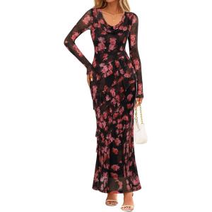 MEROKEETY Women’s Fall Floral Long Sleeve Maxi Dress 2026 Cowl Neck Wedding Guest Ruffle Mesh Cocktail Bodycon Formal Dresses(Rose)