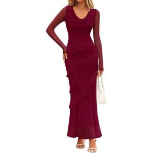 MEROKEETY Women’s Fall Floral Long Sleeve Maxi Dress 2026 Cowl Neck Wedding Guest Ruffle Mesh Cocktail Bodycon Formal Dresses(Wine Red)