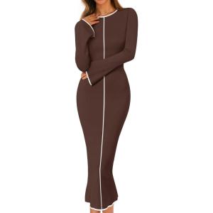 MEROKEETY Women’s Fall Long Bell Sleeve Sweater Dress 2025 Elegant Bodycon Color Block Knit Midi Maxi Dresses(Brown)