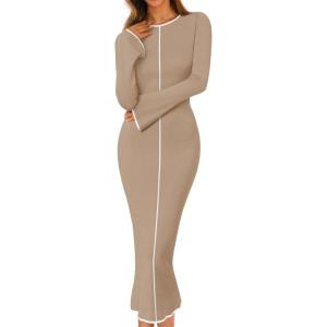 MEROKEETY Women’s Fall Long Bell Sleeve Sweater Dress 2025 Elegant Bodycon Color Block Knit Midi Maxi Dresses(Khaki)