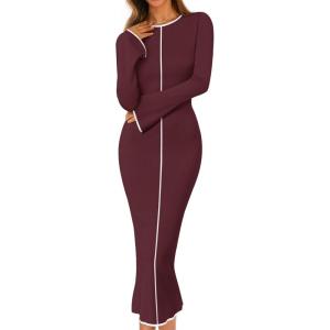 MEROKEETY Women’s Fall Long Bell Sleeve Sweater Dress 2025 Elegant Bodycon Color Block Knit Midi Maxi Dresses(Wine Red)