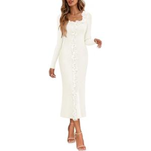 MEROKEETY Women’s Fall Long Sleeve Sweater Dress 2025 Bodycon Square Neck Ruffle Ribbed Knit Midi Dresses(White)