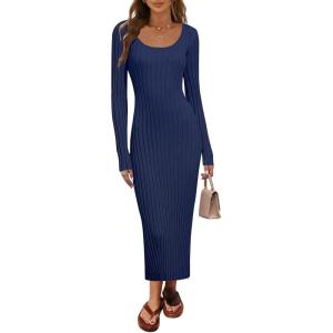 MEROKEETY Women’s Fall Long Sleeve Sweater Dress Casual Ribbed Knit Slim Fit Bodycon Maxi Dresses(Navy)