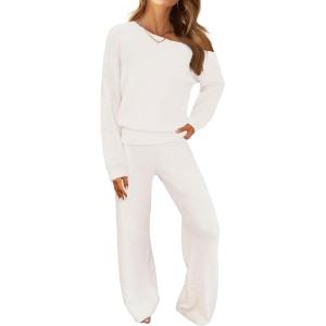 MEROKEETY Women’s Fall Pajama Set Fuzzy Fleece 2 Piece Loungewear Off Shoulder Sweater Tops Wide Leg Pants Matching Outfits(Beige)