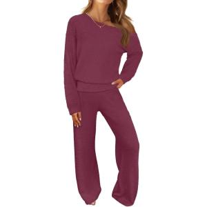 MEROKEETY Women’s Fall Pajama Set Fuzzy Fleece 2 Piece Loungewear Off Shoulder Sweater Tops Wide Leg Pants Matching Outfits(Maroon)