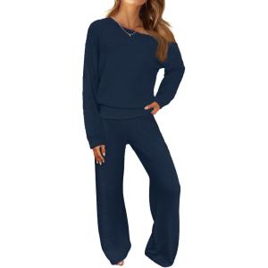 MEROKEETY Women’s Fall Pajama Set Fuzzy Fleece 2 Piece Loungewear Off Shoulder Sweater Tops Wide Leg Pants Matching Outfits(Navy)