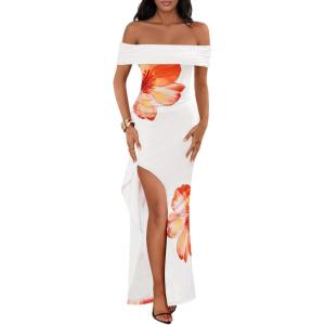 MEROKEETY Women’s Floral Off Shoulder Maxi Dresses 2025 Sexy High Split Cocktail Wedding Guest Dress(Orange)