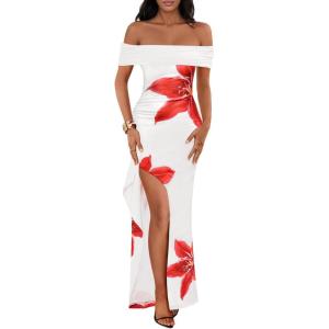 MEROKEETY Women’s Floral Off Shoulder Maxi Dresses 2025 Sexy High Split Cocktail Wedding Guest Dress(White)