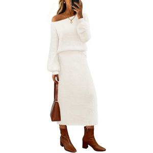 MEROKEETY Women’s Fuzzy 2 Piece Outfit Winter Long Sleeve Off Shoulder Pullover Top Midi Skirt Matching Lounge Sets(Beige)