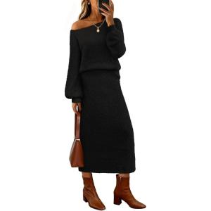 MEROKEETY Women’s Fuzzy 2 Piece Outfit Winter Long Sleeve Off Shoulder Pullover Top Midi Skirt Matching Lounge Sets(Black)