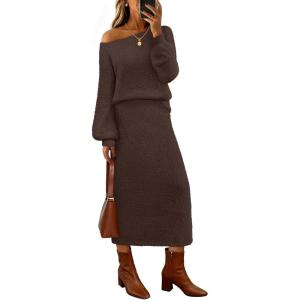MEROKEETY Women’s Fuzzy 2 Piece Outfit Winter Long Sleeve Off Shoulder Pullover Top Midi Skirt Matching Lounge Sets(Coffee)