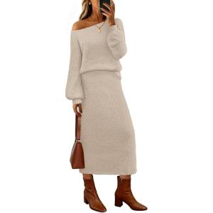 MEROKEETY Women’s Fuzzy 2 Piece Outfit Winter Long Sleeve Off Shoulder Pullover Top Midi Skirt Matching Lounge Sets(Lightkhaki)