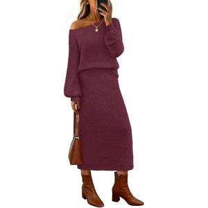 MEROKEETY Women’s Fuzzy 2 Piece Outfit Winter Long Sleeve Off Shoulder Pullover Top Midi Skirt Matching Lounge Sets(Maroon)