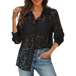 MEROKEETY Women’s Lace Long Sleeve Tops Dressy Casual Blouse Button Down Sheer Elegant Summer Shirts(Black)